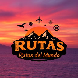 A captivating logo design for 'Rutas del Mundo' that incorporates elements of mountains, sunsets over the sea, and travel-related motifs
