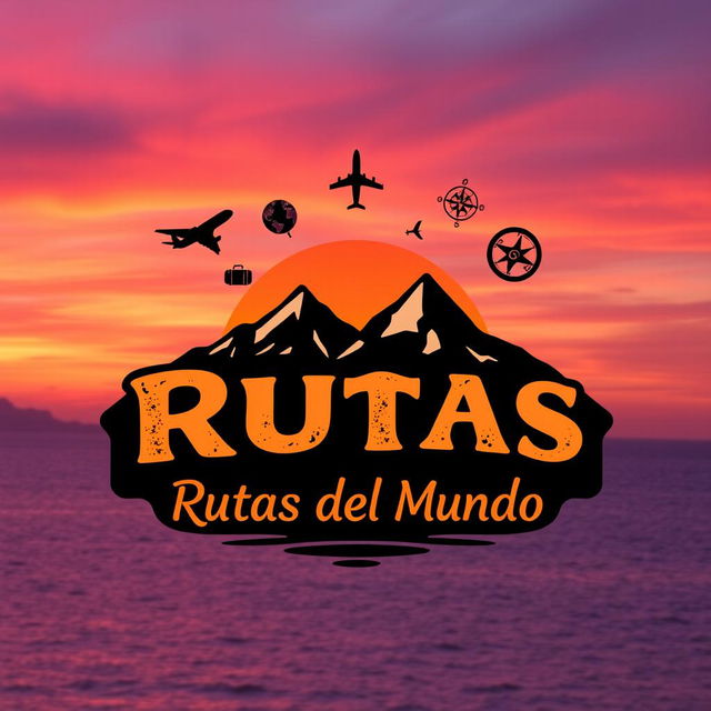 A captivating logo design for 'Rutas del Mundo' that incorporates elements of mountains, sunsets over the sea, and travel-related motifs