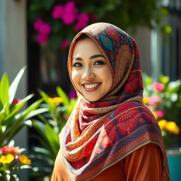 A beautiful woman wearing a colorful and elegantly styled hijab, showcasing intricate patterns and textures