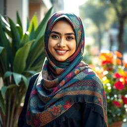 A beautiful woman wearing a colorful and elegantly styled hijab, showcasing intricate patterns and textures