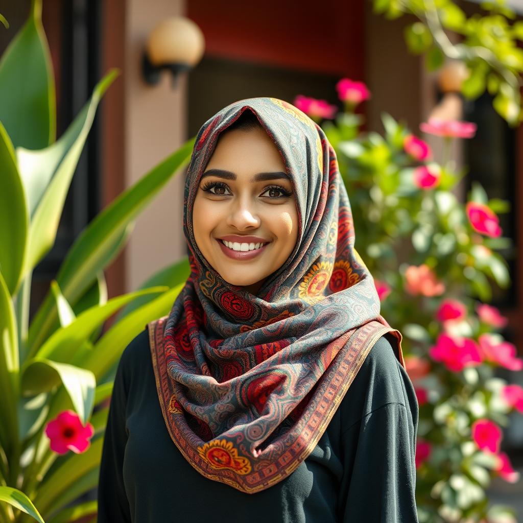 A beautiful woman wearing a colorful and elegantly styled hijab, showcasing intricate patterns and textures