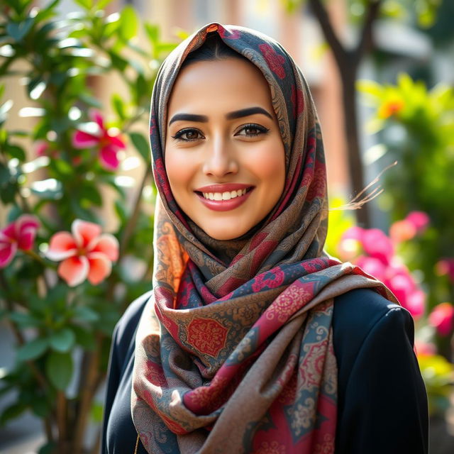 A beautiful woman wearing a colorful and elegantly styled hijab, showcasing intricate patterns and textures