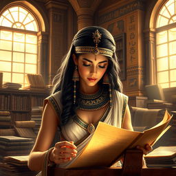 A stunning depiction of Cleopatra, the iconic Egyptian queen, deeply engrossed in her studies amidst a lavish and richly decorated ancient library