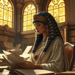 A stunning depiction of Cleopatra, the iconic Egyptian queen, deeply engrossed in her studies amidst a lavish and richly decorated ancient library