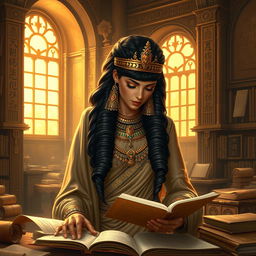 A stunning depiction of Cleopatra, the iconic Egyptian queen, deeply engrossed in her studies amidst a lavish and richly decorated ancient library