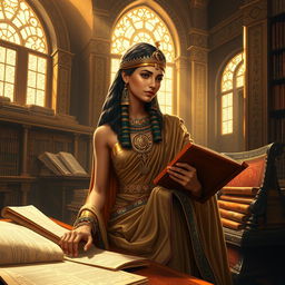 A stunning depiction of Cleopatra, the iconic Egyptian queen, deeply engrossed in her studies amidst a lavish and richly decorated ancient library