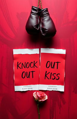 A visually striking image featuring two torn sheets of paper, each displaying the book title 'Knock Out Kiss' in an artistic font