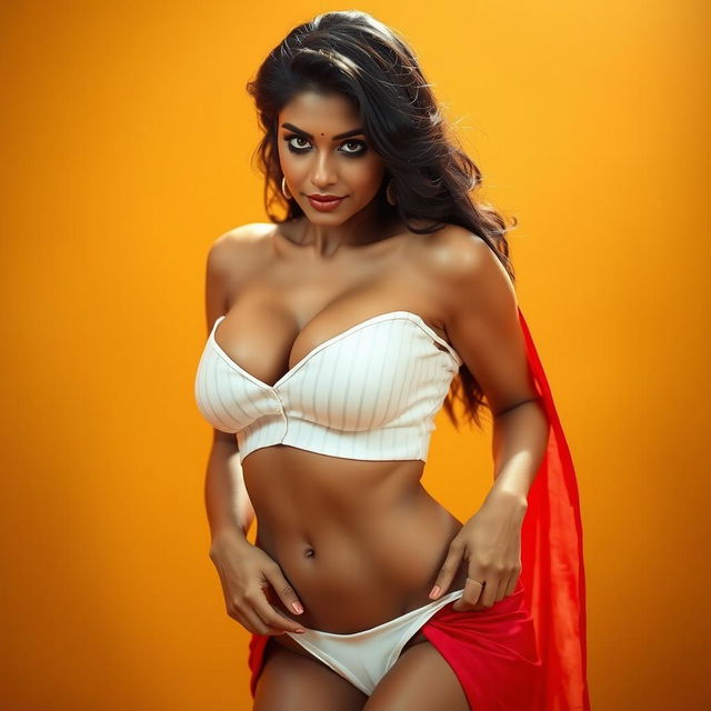 A seductive Indian woman wearing a stunning white striped blouse that barely holds her breasts, accentuating her sensuality