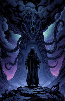 A gripping and eerie illustration inspired by the cosmic horror theme of "The Architect of the Collective" by Dusan Bajec