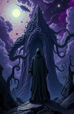 A gripping and eerie illustration inspired by the cosmic horror theme of "The Architect of the Collective" by Dusan Bajec