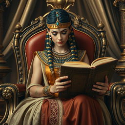 A stunning depiction of Cleopatra, the ancient Egyptian queen, sitting elegantly on a luxurious throne surrounded by opulent decorations