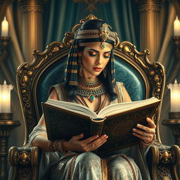 A stunning depiction of Cleopatra, the ancient Egyptian queen, sitting elegantly on a luxurious throne surrounded by opulent decorations