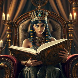 A stunning depiction of Cleopatra, the ancient Egyptian queen, sitting elegantly on a luxurious throne surrounded by opulent decorations
