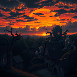 An unsettling and atmospheric illustration inspired by "The Architect of the Collective" by Dusan Bajec, featuring a surreal sunset over a village that blends seamlessly with a manifestation of Cosmic Cancer