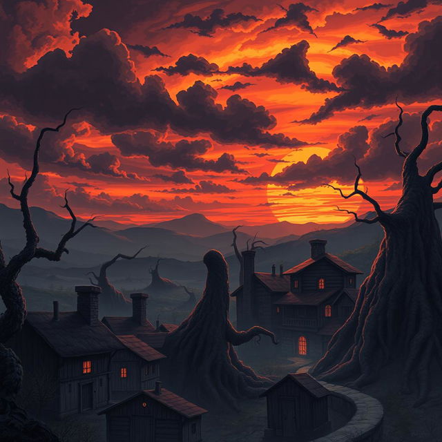 An unsettling and atmospheric illustration inspired by "The Architect of the Collective" by Dusan Bajec, featuring a surreal sunset over a village that blends seamlessly with a manifestation of Cosmic Cancer