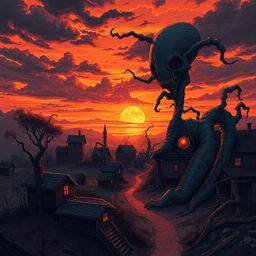 An unsettling and atmospheric illustration inspired by "The Architect of the Collective" by Dusan Bajec, featuring a surreal sunset over a village that blends seamlessly with a manifestation of Cosmic Cancer