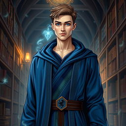 A realistic depiction of a manly Ravenclaw boy, featuring a tall and athletic build, deep blue and silver colors representing the Ravenclaw house