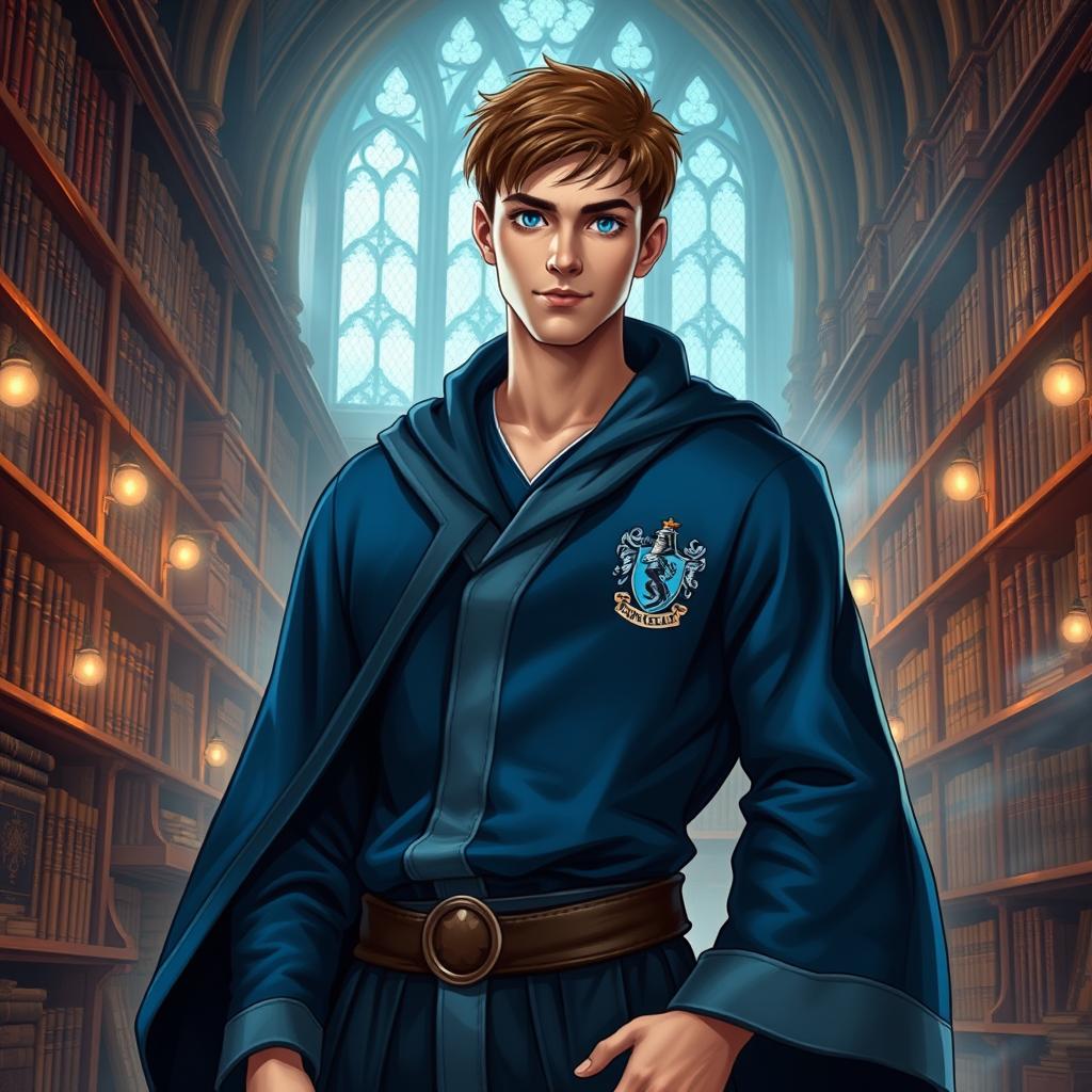 A realistic depiction of a manly Ravenclaw boy, featuring a tall and athletic build, deep blue and silver colors representing the Ravenclaw house