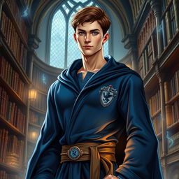 A realistic depiction of a manly Ravenclaw boy, featuring a tall and athletic build, deep blue and silver colors representing the Ravenclaw house