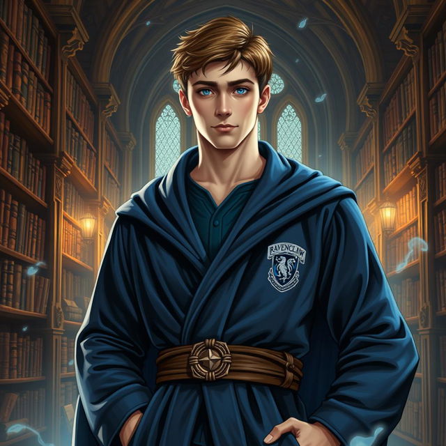 A realistic depiction of a manly Ravenclaw boy, featuring a tall and athletic build, deep blue and silver colors representing the Ravenclaw house