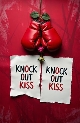 A visually captivating image featuring two torn sheets of paper, each displaying the book title 'Knock Out Kiss'