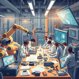 An engaging and detailed illustration depicting the integration of artificial intelligence in engineering activities