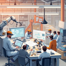 An engaging and detailed illustration depicting the integration of artificial intelligence in engineering activities
