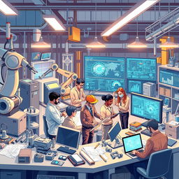 An engaging and detailed illustration depicting the integration of artificial intelligence in engineering activities