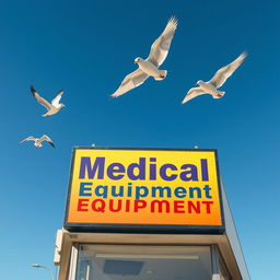 A vibrant storefront sign displaying the text 'Medical Equipment' prominently, set against a clear blue sky