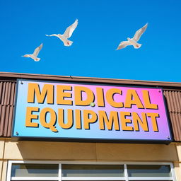 A vibrant storefront sign displaying the text 'Medical Equipment' prominently, set against a clear blue sky