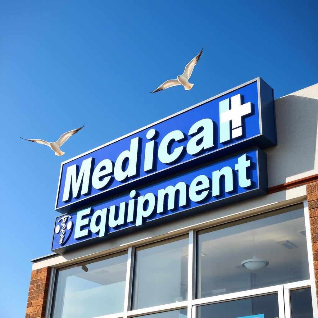 A vibrant storefront sign displaying the text 'Medical Equipment' prominently, set against a clear blue sky