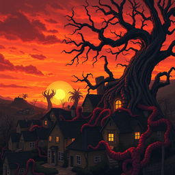 A haunting illustration inspired by "The Architect of the Collective" by Dusan Bajec, depicting a surreal sunset over a village that integrates into a meaty, organic realm