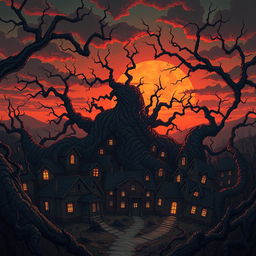 A haunting illustration inspired by "The Architect of the Collective" by Dusan Bajec, depicting a surreal sunset over a village that integrates into a meaty, organic realm