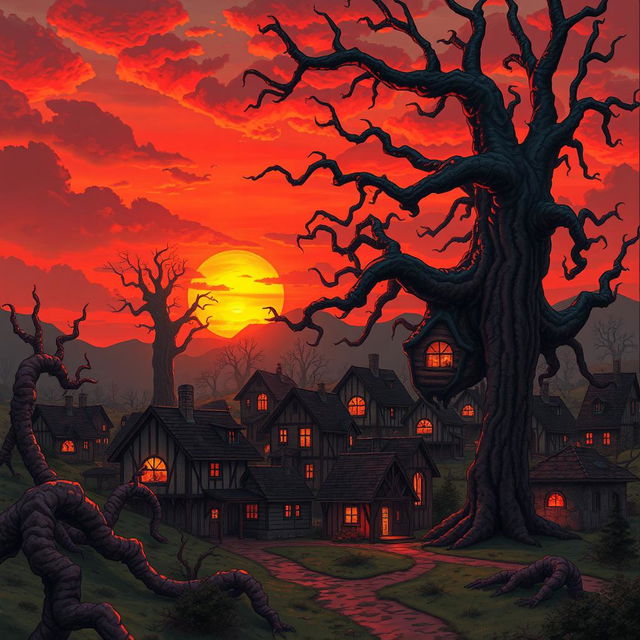 A haunting illustration inspired by "The Architect of the Collective" by Dusan Bajec, depicting a surreal sunset over a village that integrates into a meaty, organic realm