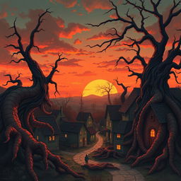 A haunting illustration inspired by "The Architect of the Collective" by Dusan Bajec, depicting a surreal sunset over a village that integrates into a meaty, organic realm
