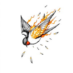 An artistic representation of a falling swallow, dynamically depicted with its body engulfed in flames, losing feathers in mid-air