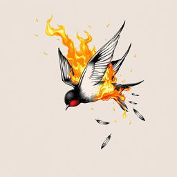 An artistic representation of a falling swallow, dynamically depicted with its body engulfed in flames, losing feathers in mid-air
