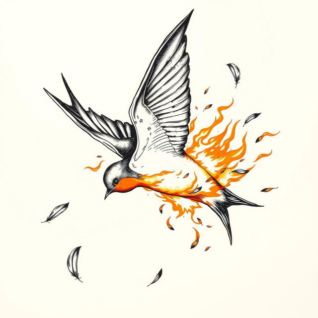 An artistic representation of a falling swallow, dynamically depicted with its body engulfed in flames, losing feathers in mid-air