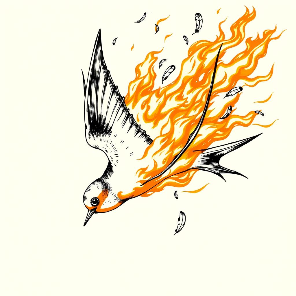 An artistic representation of a falling swallow, dynamically depicted with its body engulfed in flames, losing feathers in mid-air