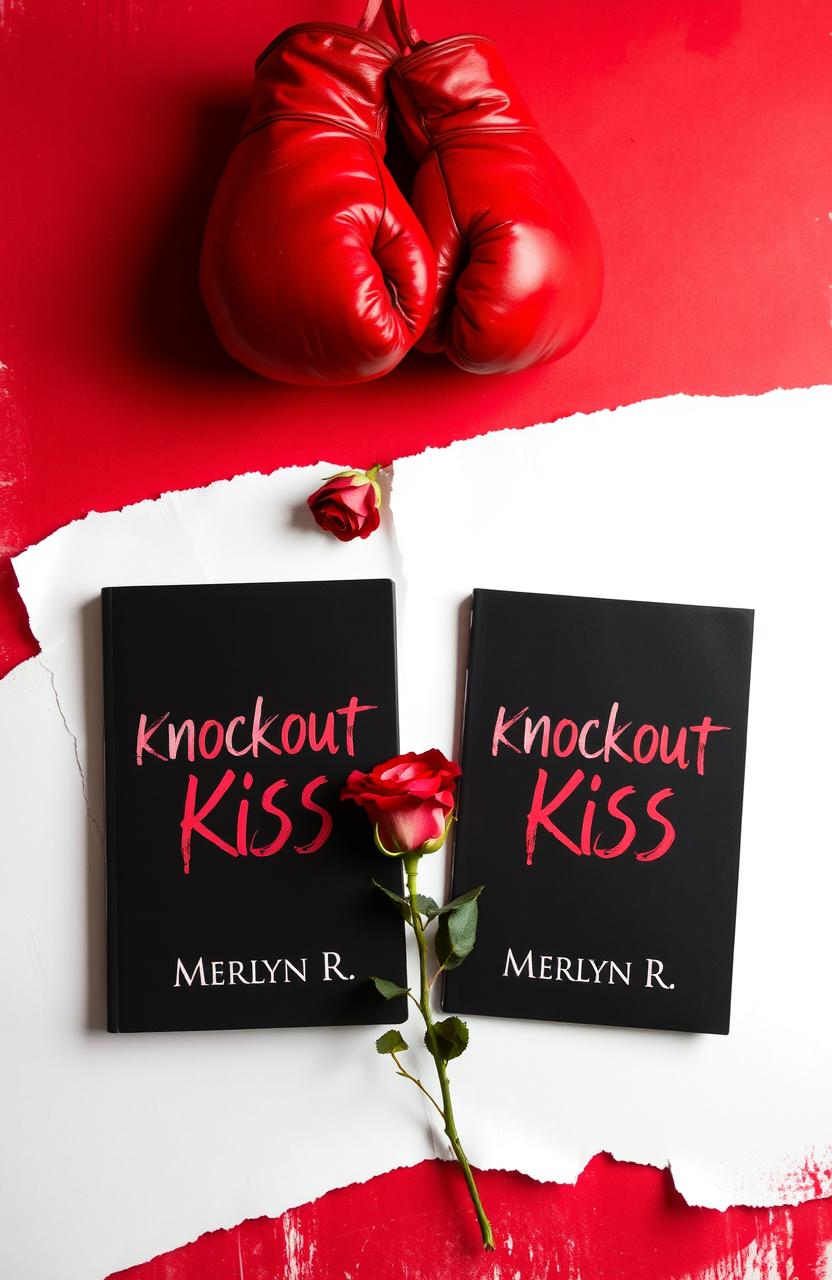 A visually striking image featuring two torn sheets of paper, each displaying the book title 'Knockout Kiss' with the author's name, 'Merlyn R