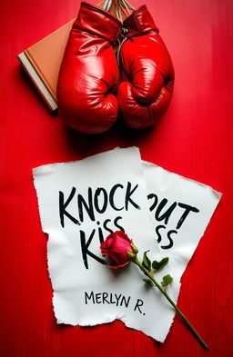 A visually striking image featuring two torn sheets of paper, each displaying the book title 'Knockout Kiss' with the author's name, 'Merlyn R