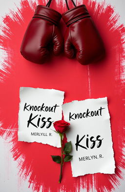 A visually striking image featuring two torn sheets of paper, each displaying the book title 'Knockout Kiss' with the author's name, 'Merlyn R