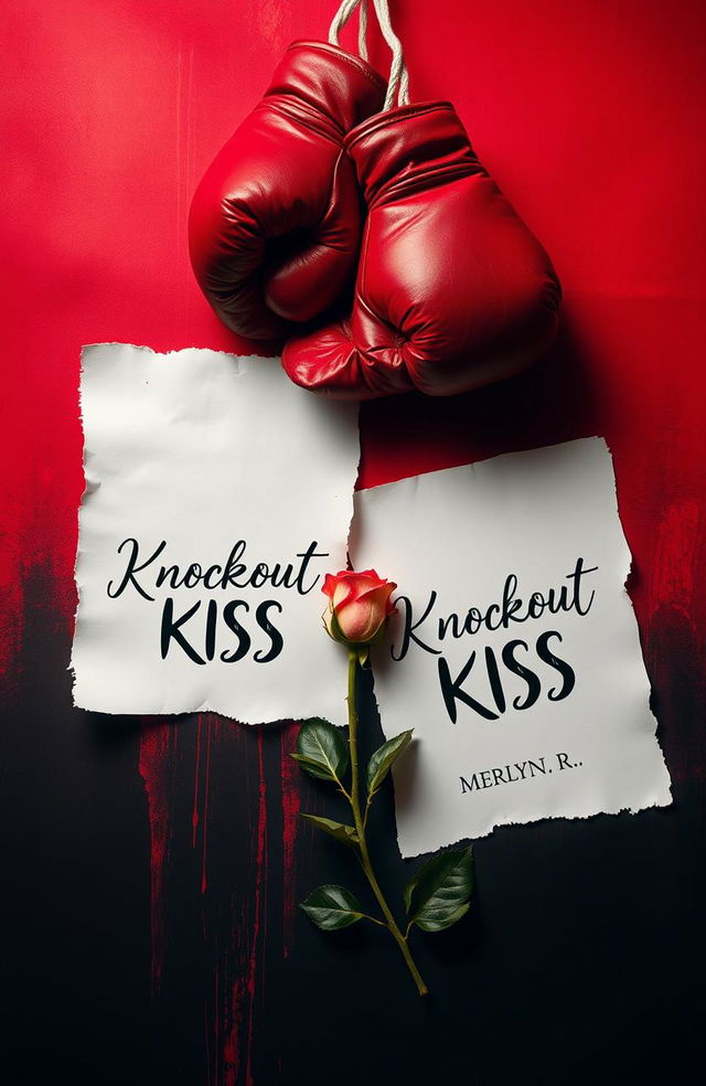 A visually striking image featuring two torn sheets of paper, each displaying the book title 'Knockout Kiss' with the author's name, 'Merlyn R