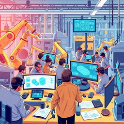 A detailed and inspiring illustration showcasing the use of artificial intelligence in engineering activities