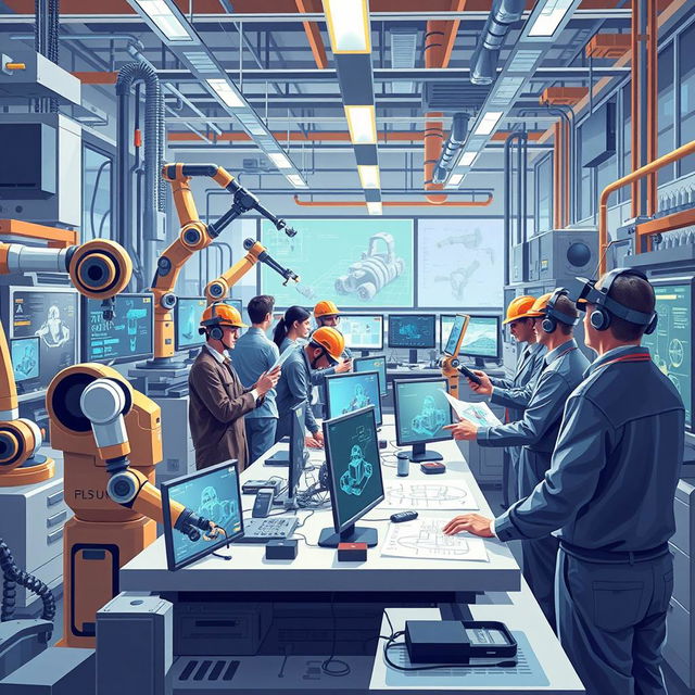 A detailed and inspiring illustration showcasing the use of artificial intelligence in engineering activities