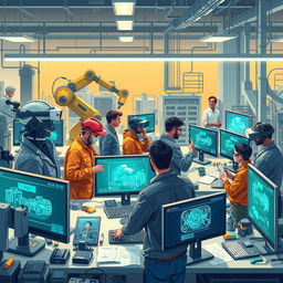 A detailed and inspiring illustration showcasing the use of artificial intelligence in engineering activities