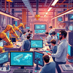 A detailed and inspiring illustration showcasing the use of artificial intelligence in engineering activities