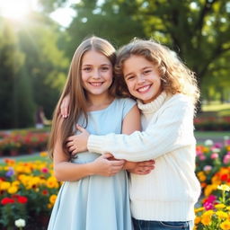 Two girls warmly embracing each other, one with long brown hair wearing a light blue dress and the other with curly blonde hair in a white sweater