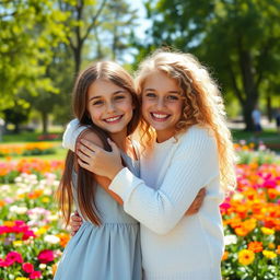 Two girls warmly embracing each other, one with long brown hair wearing a light blue dress and the other with curly blonde hair in a white sweater