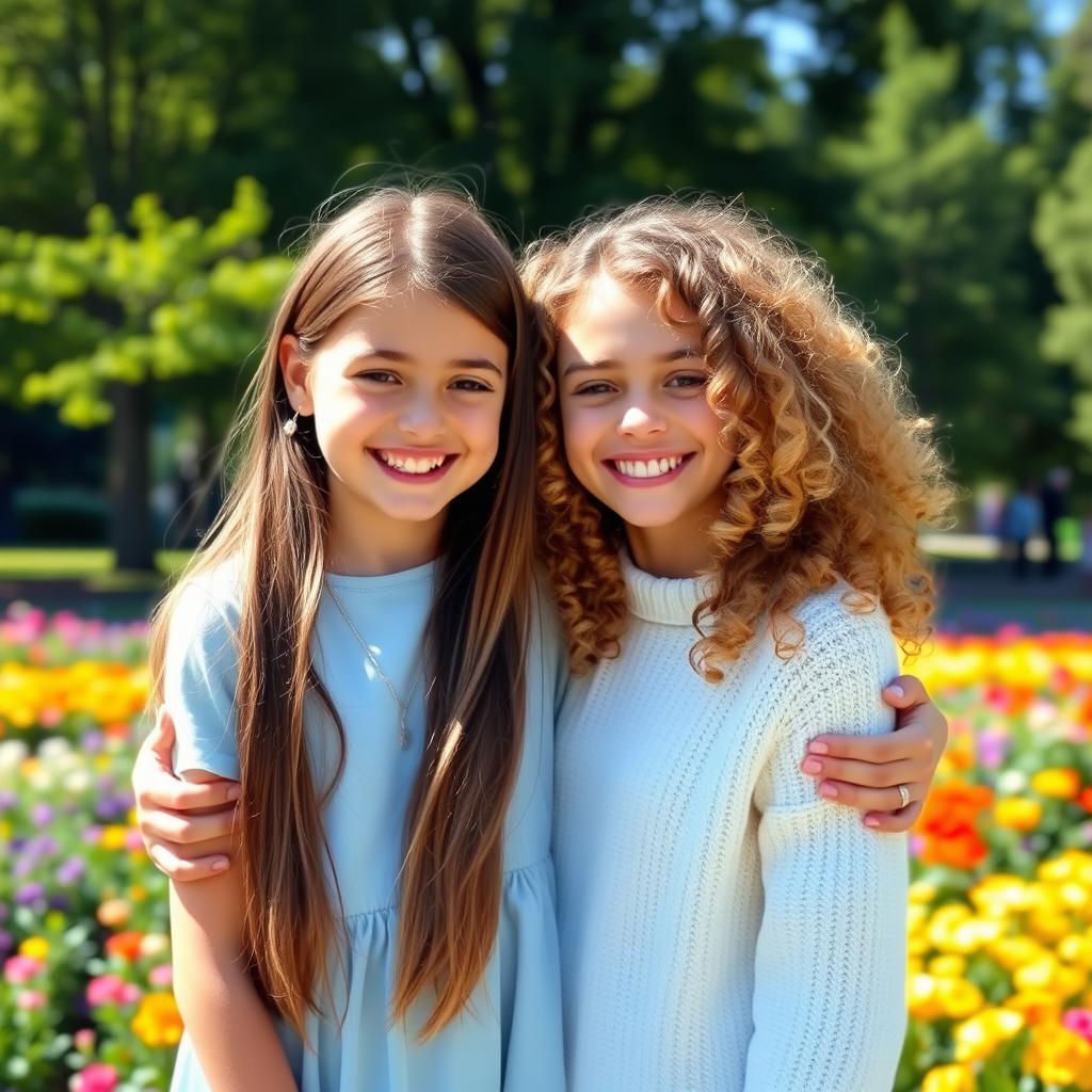 Two girls warmly embracing each other, one with long brown hair wearing a light blue dress and the other with curly blonde hair in a white sweater